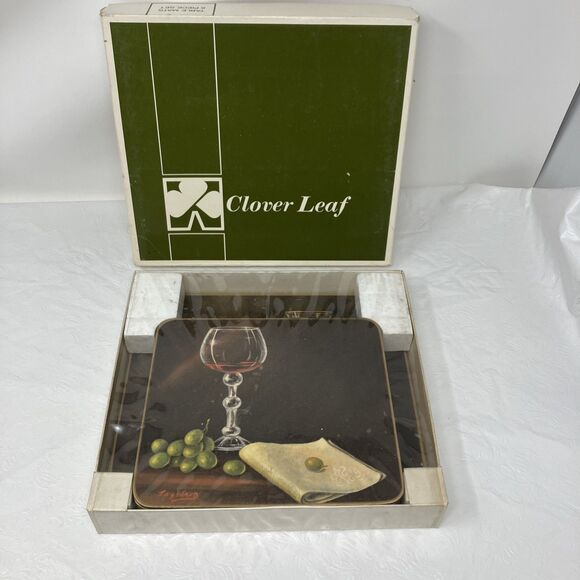 VTG 70s Clover Leaf Table Mats Wine Still Life Box Set Placemats Cork Back NOS - Picture 1 of 9